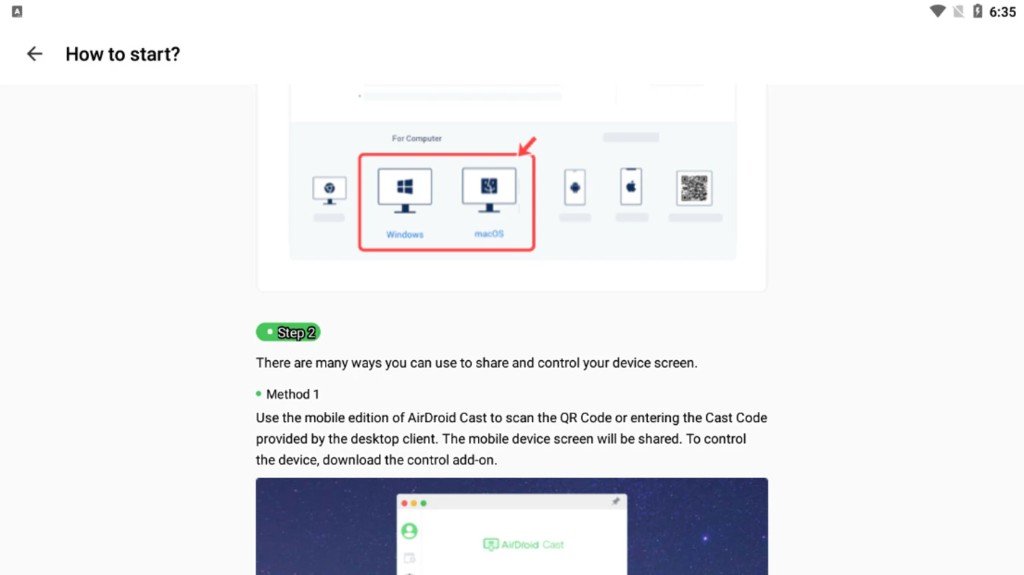 How to start Step 2 showing Windows and Mac as cast targets with QR and cast code options
