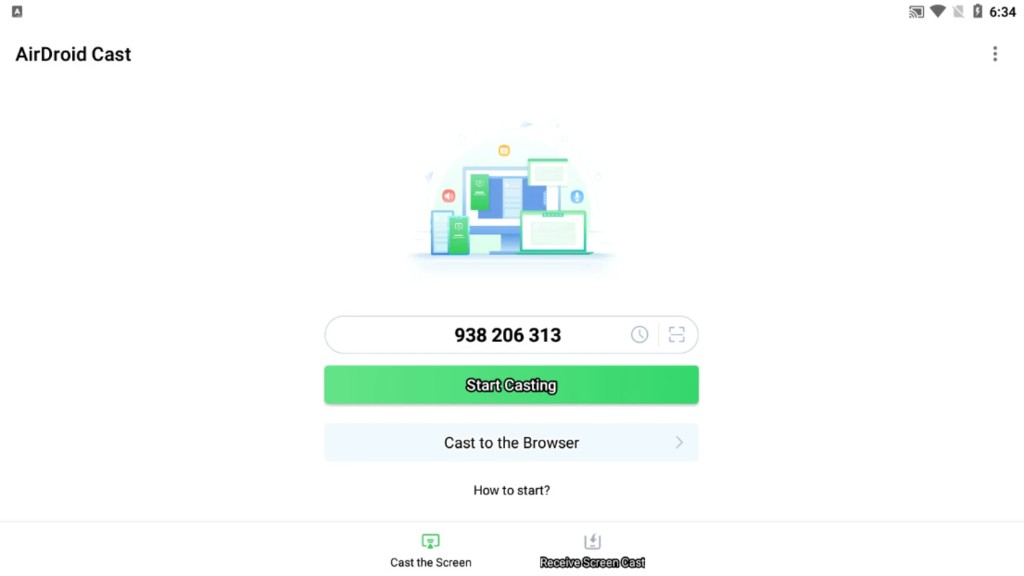 AirDroid Cast receive screen with 9-digit cast code and Start Casting button