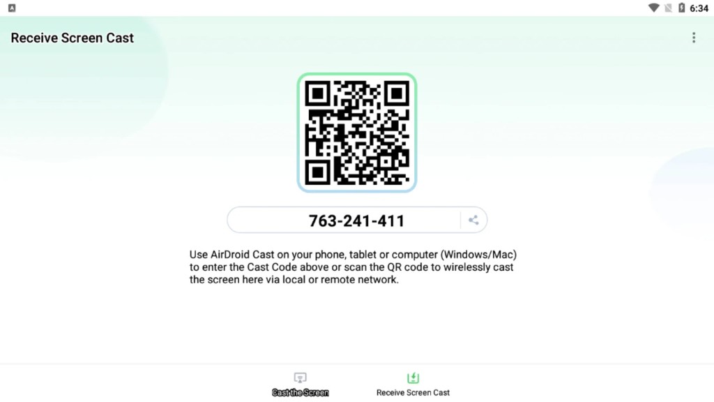 Receive Screen Cast screen showing QR code and cast code for wireless mirroring